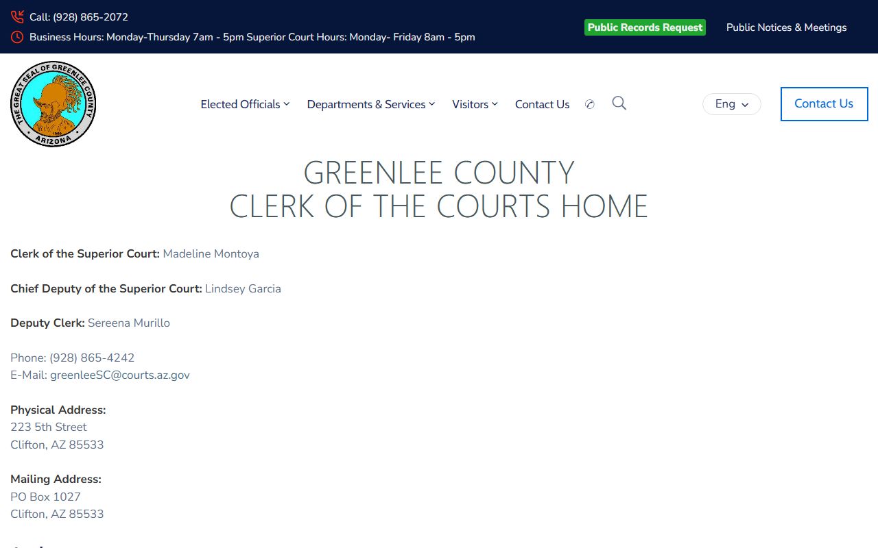 Greenlee County court records after arrest Clerk of Superior Court contact page
