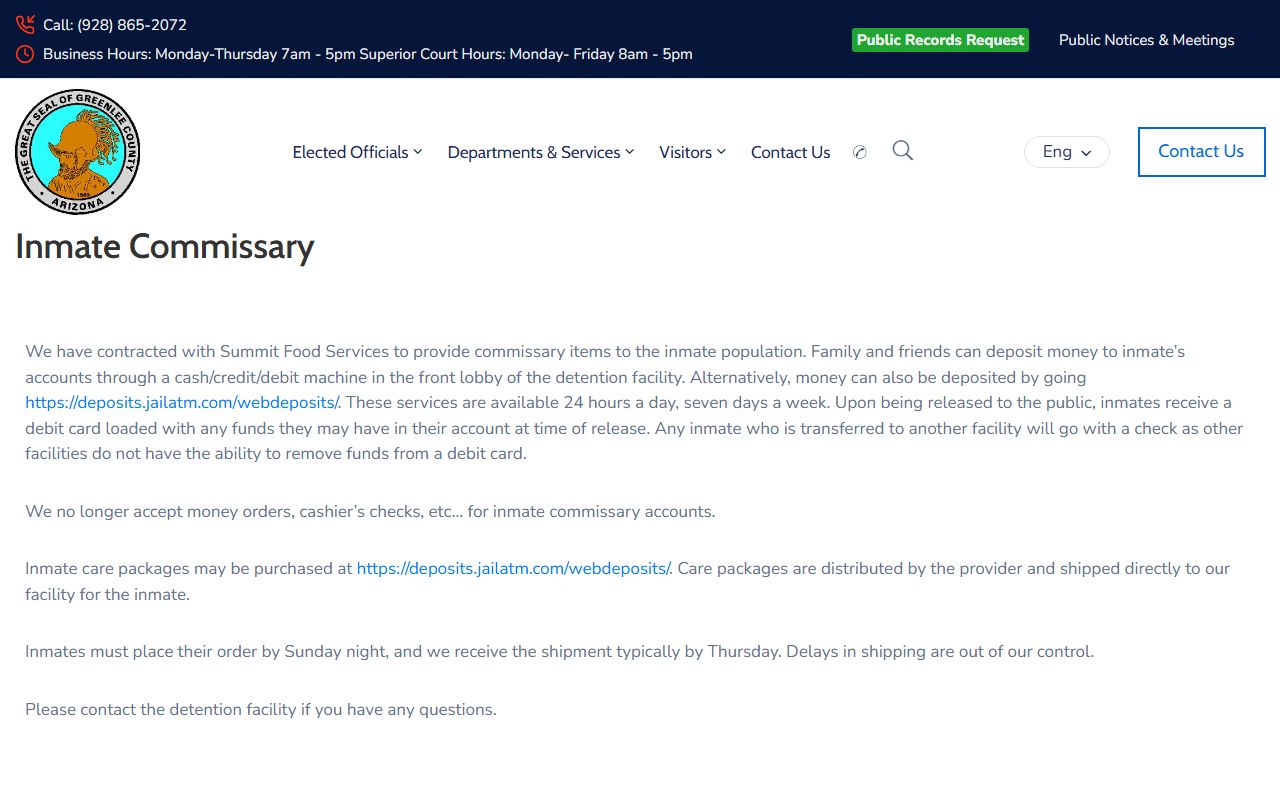 Greenlee County Detention Facility commissary and JailATM deposit information